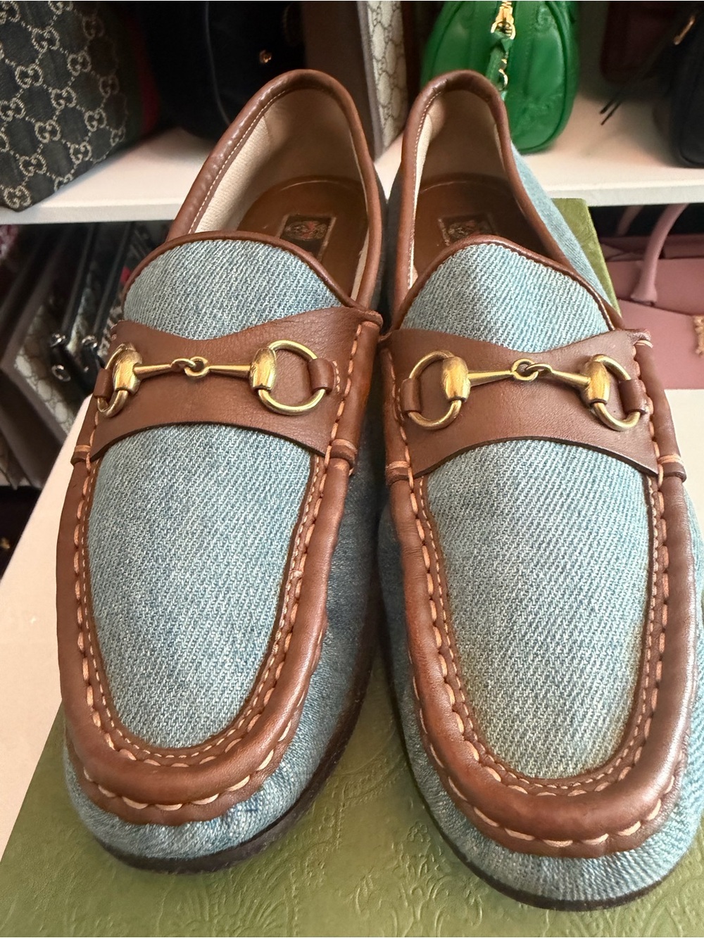 Gucci Denim & Brown Leather Horsebit Loafers - Picture 3 of 7